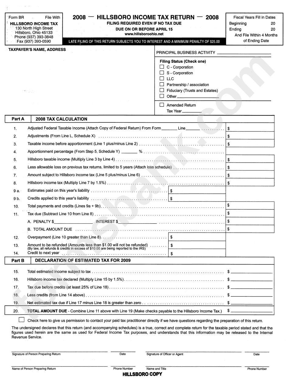 Form Br - Hillsboro Income Tax Return - State Of Ohio - 2008