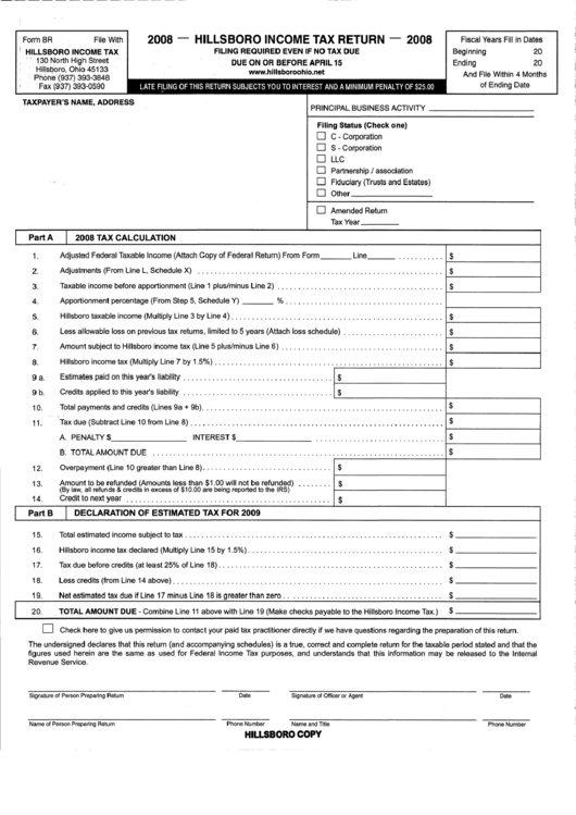 Form Br - Hillsboro Income Tax Return - State Of Ohio - 2008 Printable pdf