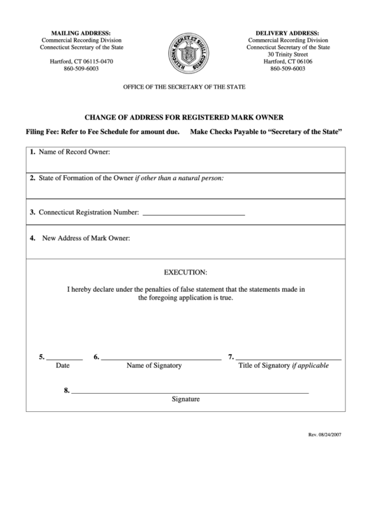 Change Of Address For Registered Mark Owner Form - Ct Secretary Of The State - 2007 Printable pdf