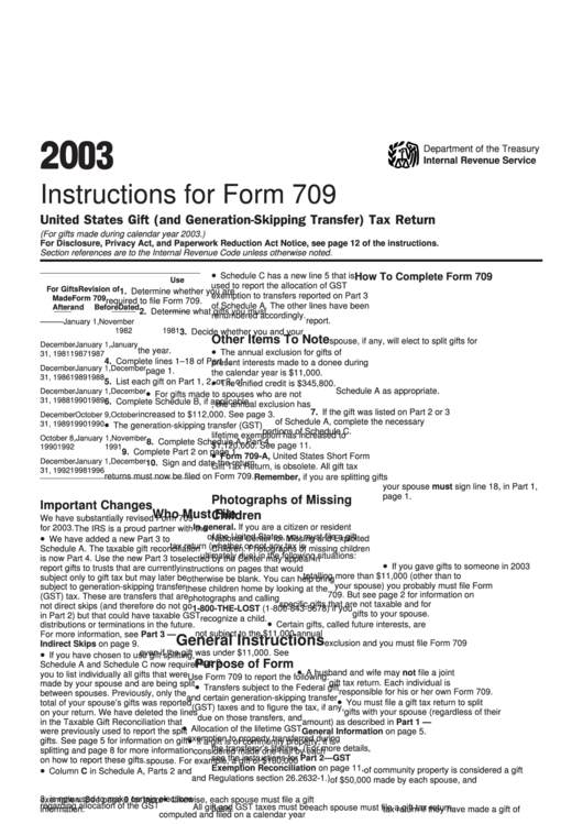 Instructions For Form 709 - United States Gift (And Generation-Skipping Transfer) Tax Return - 2003 Printable pdf