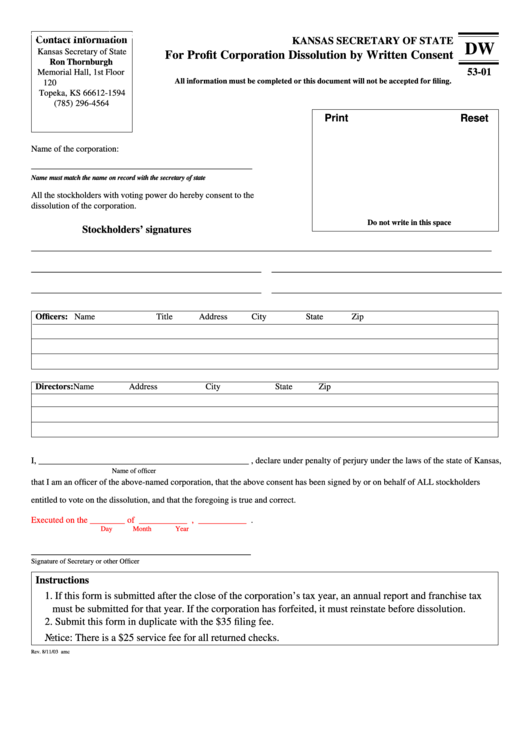 Fillable Form Dw 53-01 - For Profit Corporation Dissolution By Written Consent - Kansas Secretary Of State Printable pdf