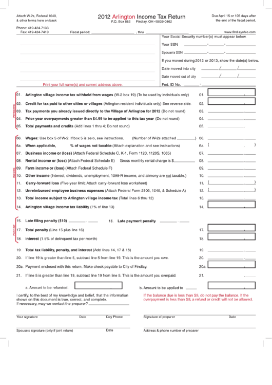 Fillable Income Tax Return - Arlington Village, Ohio - 2012 Printable pdf