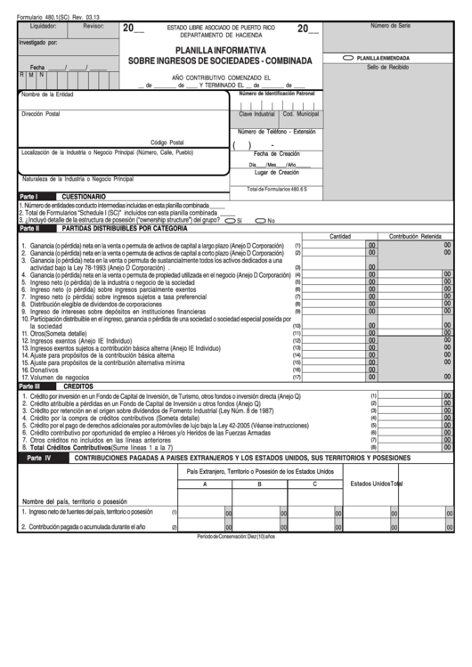 Formulario 480.1(Sc) - Planilla Informativa Sobre Ingresos De Sociedades - Combinada - Puerto Rico Departamento De Hacienda Printable pdf