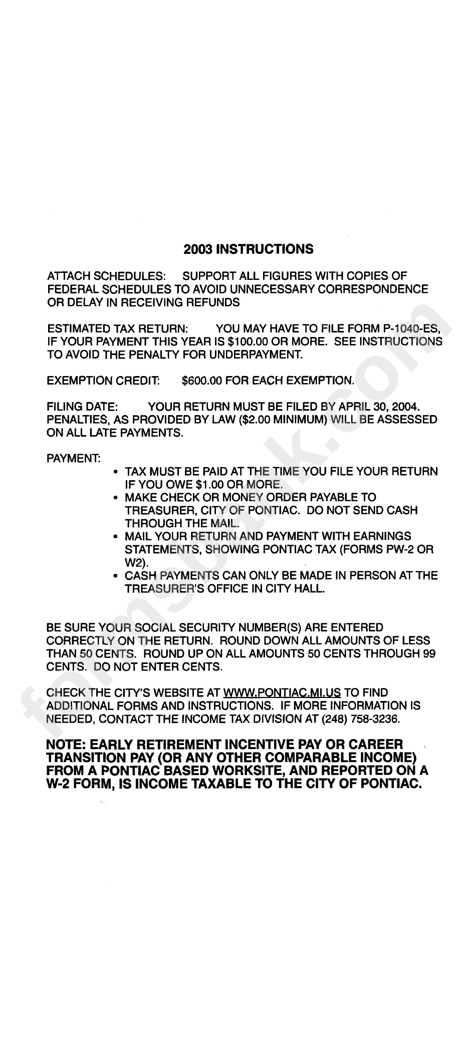 Instructions For Form P-1040(Nr) - Income Tax Return - City Of Pontiac, Michigan - 2003
