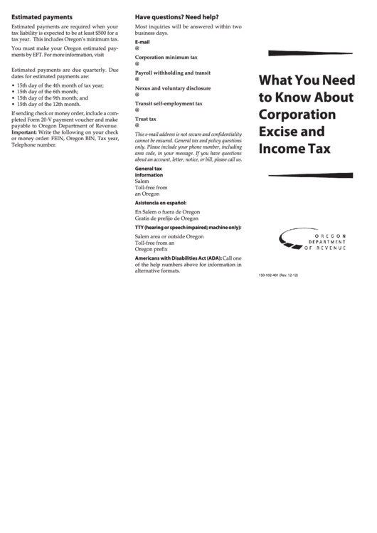 What You Need To Know About Corporation Excise And Income Tax - Oregon Department Of Revenue Printable pdf
