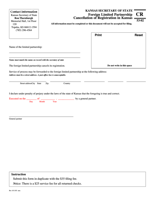Fillable Form Cr 53-02 - Foreign Limited Partnership Cancellation Of Registration In Kansas Printable pdf