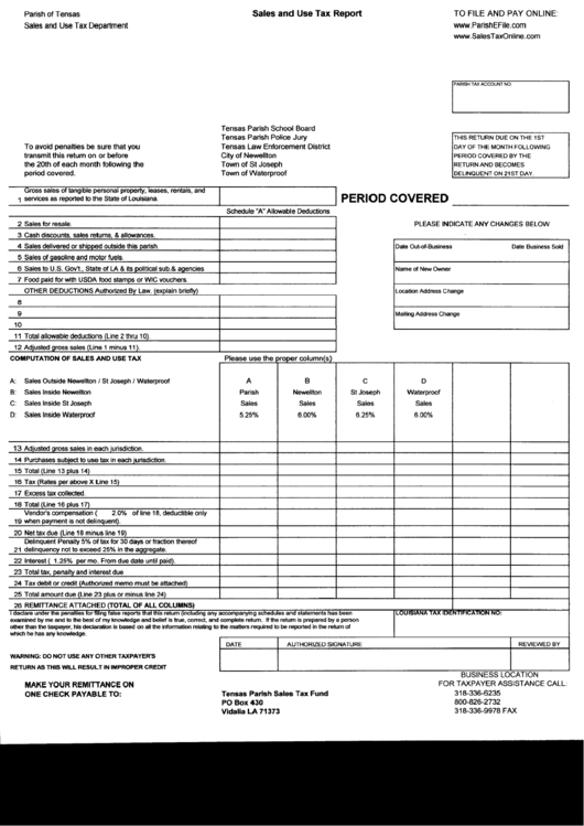 Sales And Use Tax Report - Parish Of Tensas, Louisiana Printable pdf