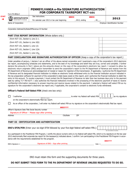 Fillable Form Pa-8879-C - Pennsylvania E-File Signature Authorization For Corporate Tax Report Rct-10 - 2012 Printable pdf