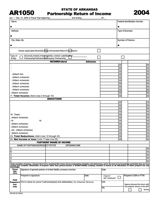 Form Ar1050 - Partnership Return Of Income - 2004 Printable pdf
