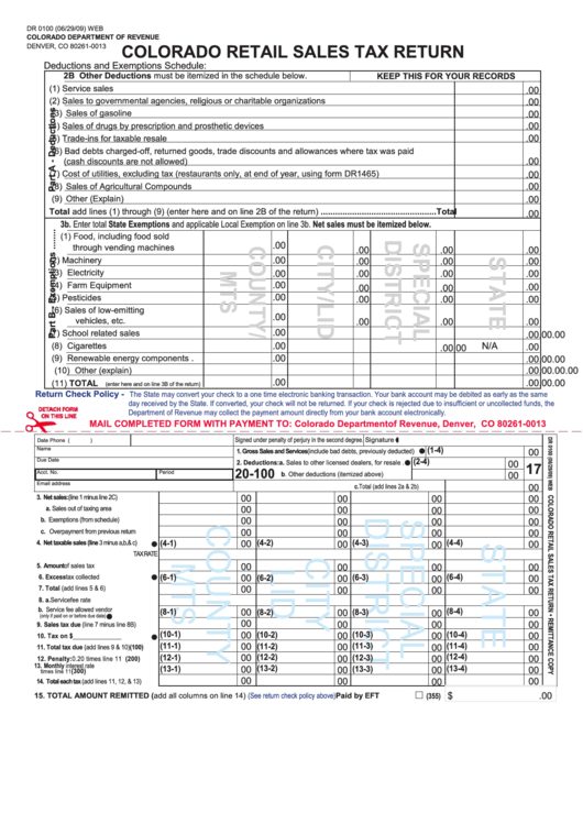 Fillable Form Dr 0100 - Colorado Retail Sales Tax Return, Dr 0100-1 - Supplementary Schedule For Colorado Retail Sales Tax Return Printable pdf