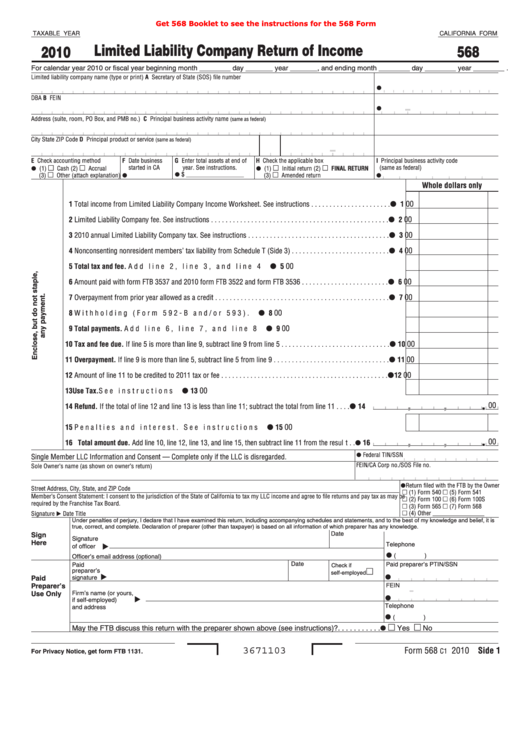 Fillable California Form 568 - Limited Liability Company Return Of Income - 2010 Printable pdf