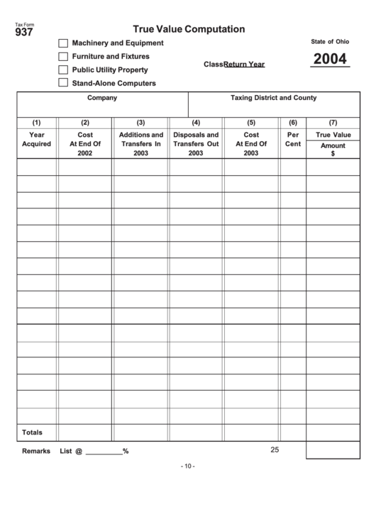 Tax Form 937 - True Value Computation - State Of Ohio - 2004 printable ...