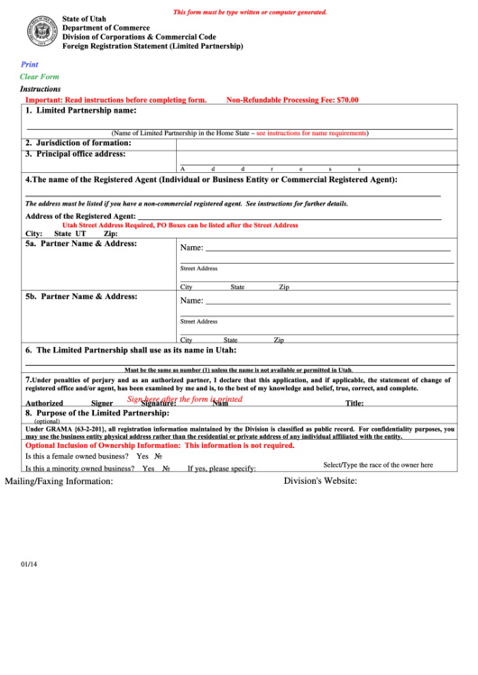 Fillable Foreign Registration Statement (Limited Partnership) - Utah Department Of Commerce Printable pdf