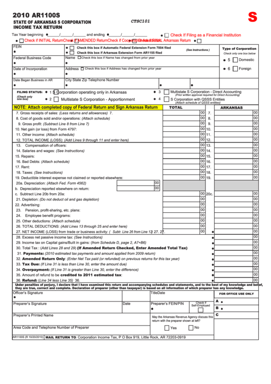 Form Ar1100s - Arkansas S Corporation Income Tax Return - 2010 Printable pdf