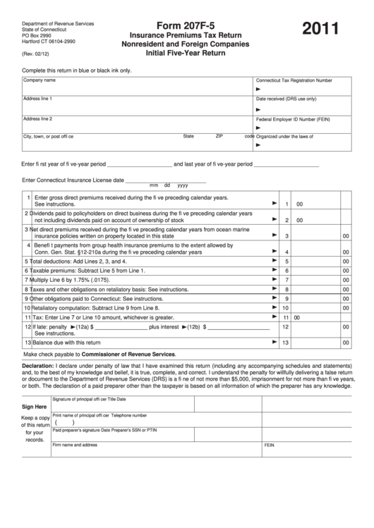 Form 207f-5 - Insurance Premiums Tax Return Nonresident And Foreign Companies Initial Five-Year Return - 2011 Printable pdf