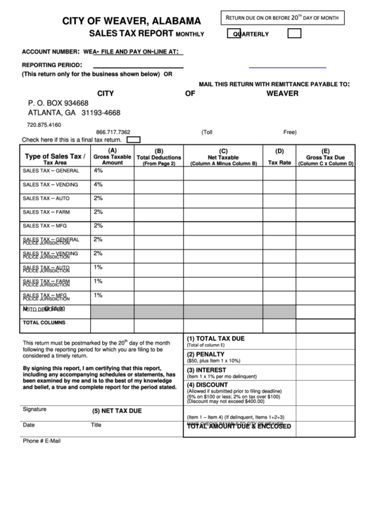 Sales Tax Report - City Of Weaver, Alabama Printable pdf