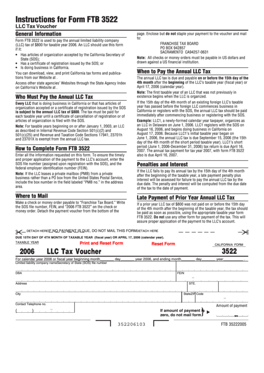Fillable Form 3522 - Llc Tax Voucher - California Franchise Tax Board - 2006 Printable pdf