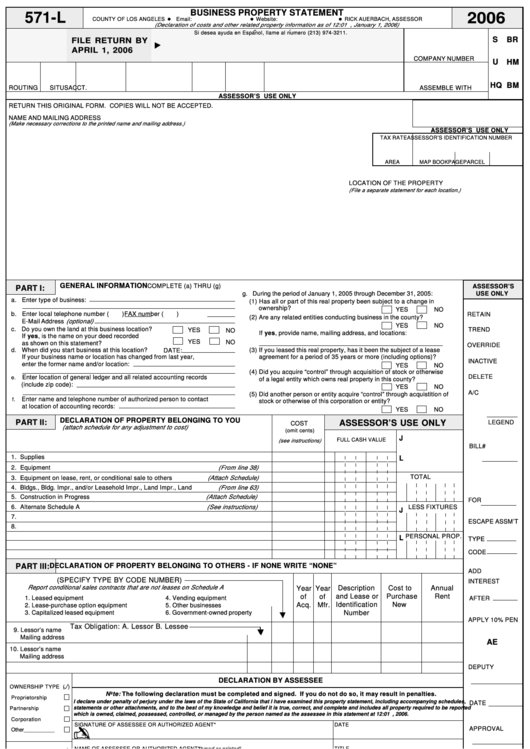 Form 571-l - Business Property Statement - Los Angeles County Assessor - 2006