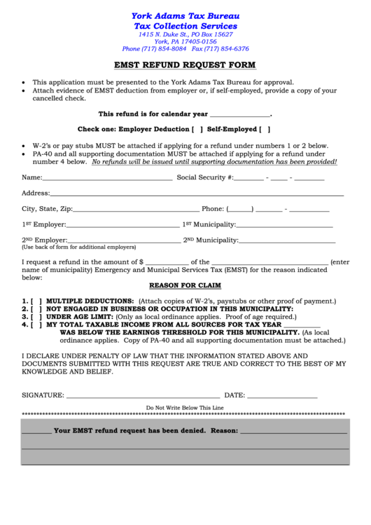 Emst Refund Request Form - York Adams Tax Bureau Printable pdf