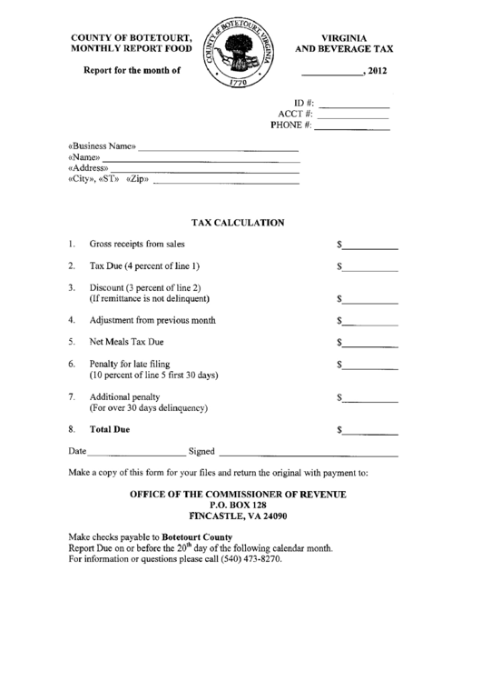 Tax Calculation - County Of Botetourt, Virginia - 2012 Printable pdf