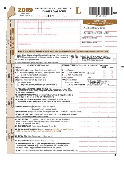 Form 1040me L - Maine Individual Income Tax - Long Form - 2009 Printable pdf
