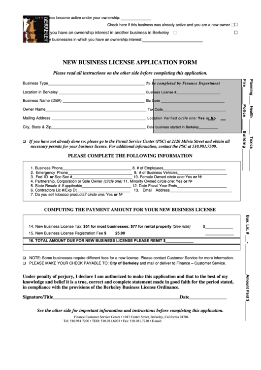 New Business License Application Form - City Of Berkeley Customer Service Center Printable pdf