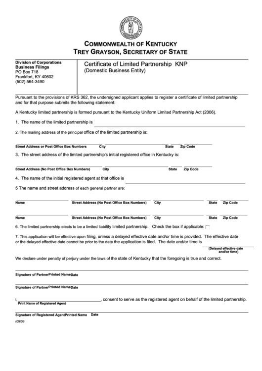 Fillable Certificate Of Limited Partnership (Domestic Business Entity) - Commonwealth Of Kentucky - 2009 Printable pdf