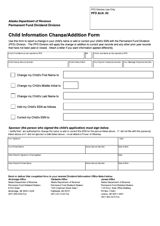 Child Information Change/addition Form Alaska Deparment Of Revenue