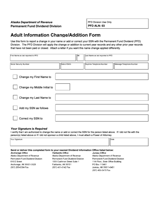 Adult Information Change/addition Form - Alaska Department Of Revenue - Permanent Fund Dividend Division Printable pdf