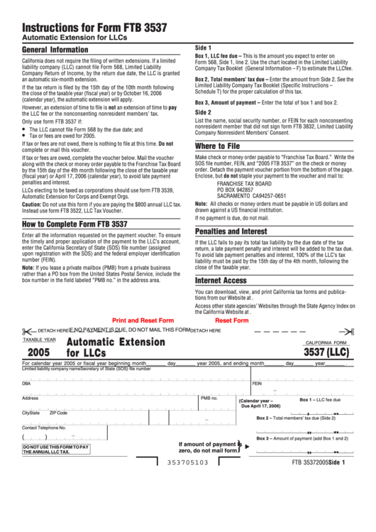 Fillable California Form 3537 (Llc) - Automatic Extension For Llcs - 2005 Printable pdf