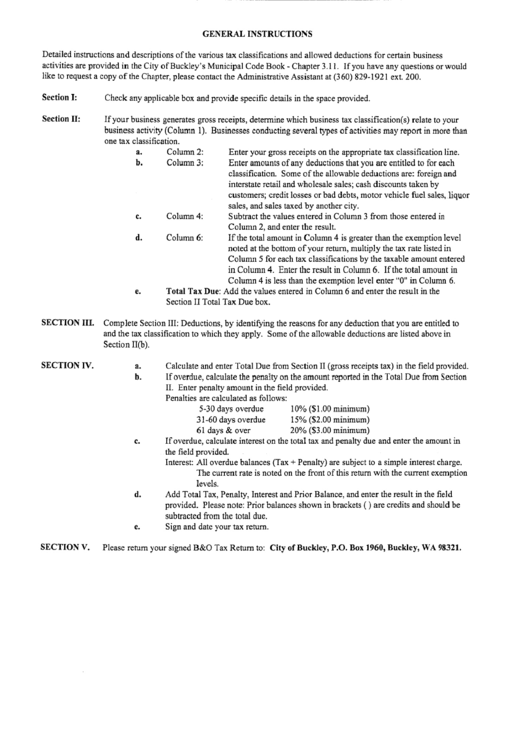 General Instructions B&o Tax Return - City Of Buckley Printable pdf