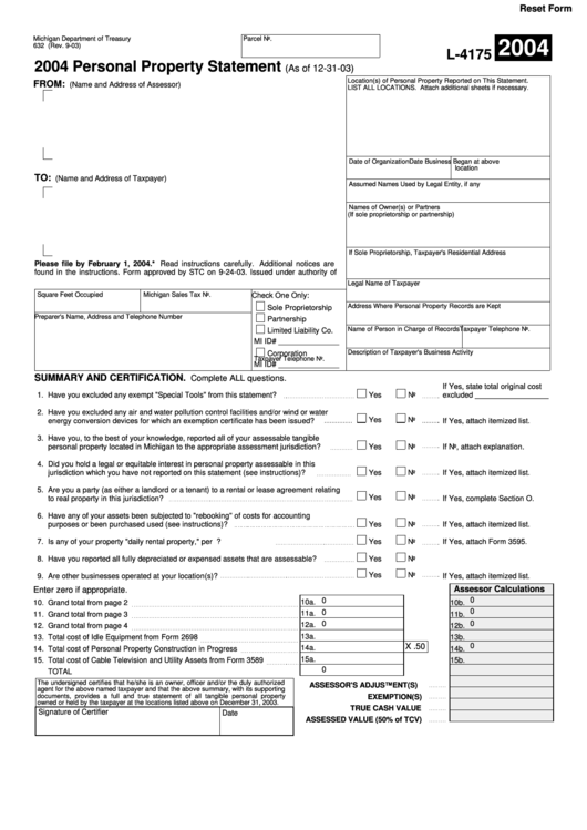 Fillable Form L-4175 - Personal Property Statement - Michigan Department Of Treasury - 2004 Printable pdf