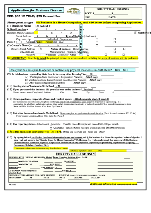 Application For Business License - City Of North Bend, Washington Printable pdf
