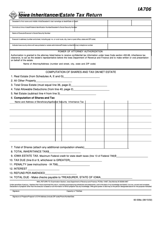Fillable Form Ia706 - Iowa Inheritance/estate Tax Return Printable pdf