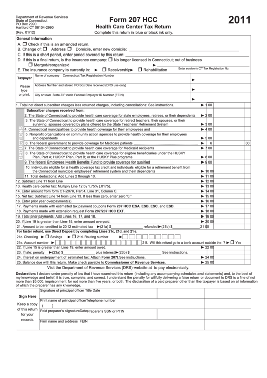 Form 207 Hcc - Health Care Center Tax Return - Connecticut Department Of Revenue Services - 2011 Printable pdf