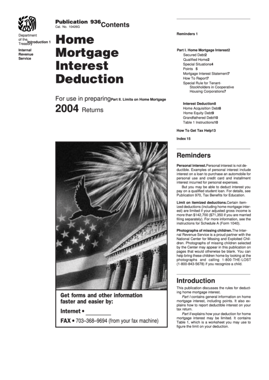Fillable Publication 936 - Home Mortgage Interest Deduction - Department Of Treasury - 2004 Printable pdf