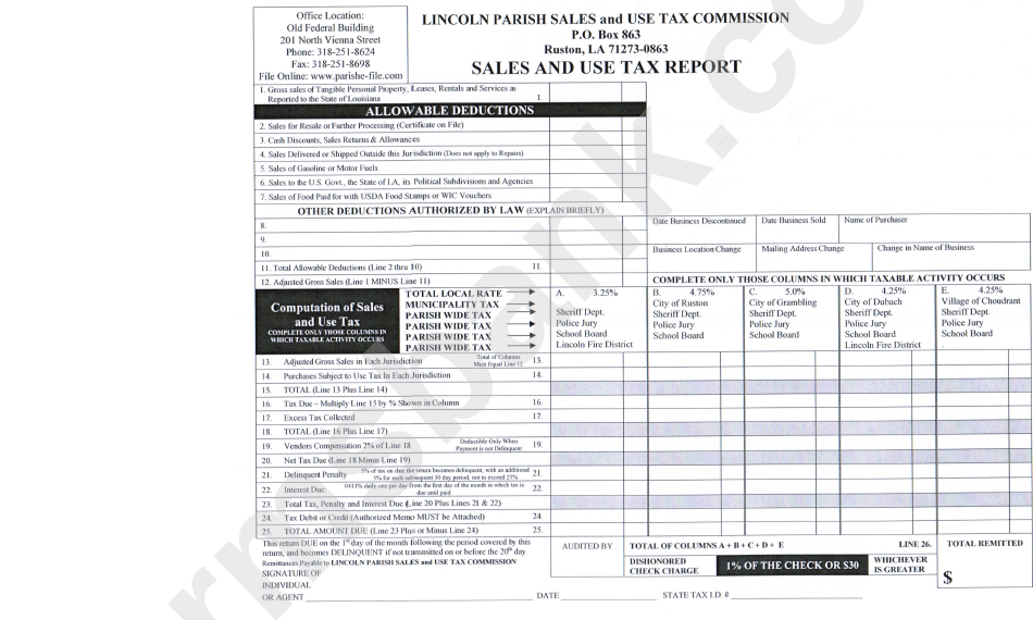 Sales And Use Tax Report - Lincoln Parish, Louisiana