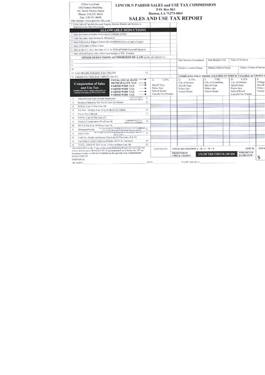 Sales And Use Tax Report - Lincoln Parish, Louisiana Printable pdf