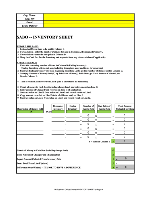 Fillable Inventory Sheet Printable pdf
