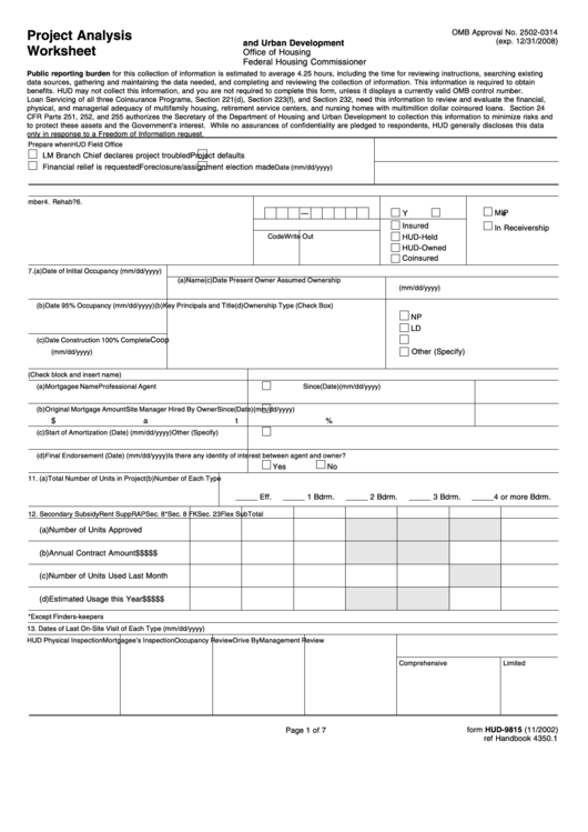 Form Hud-9815 - Project Analysis Worksheet - U.s. Department Of Housing And Urban Development Printable pdf