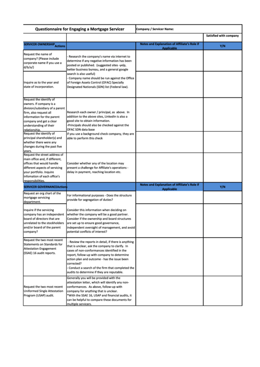 Questionnaire For Engaging A Mortgage Servicer Printable pdf