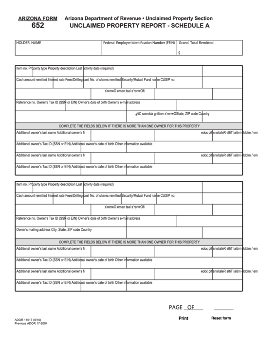 Fillable Arizona Form 652 - Unclaimed Property Report - Schedule A Printable pdf