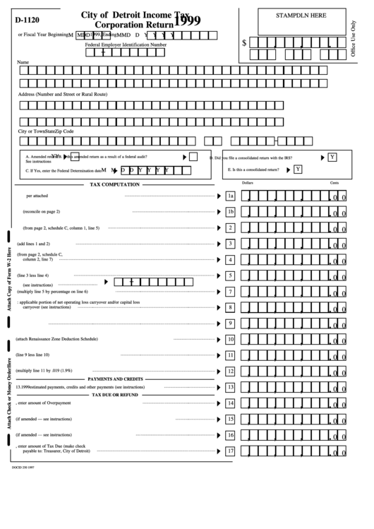 Form D-1120 - Income Tax Corporation Return - City Of Detroit - 1999 Printable pdf