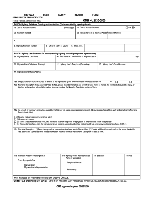 Form Fra F 6180.150 - Highway User Injury Inquiry Form - Department Of Transportation Printable pdf