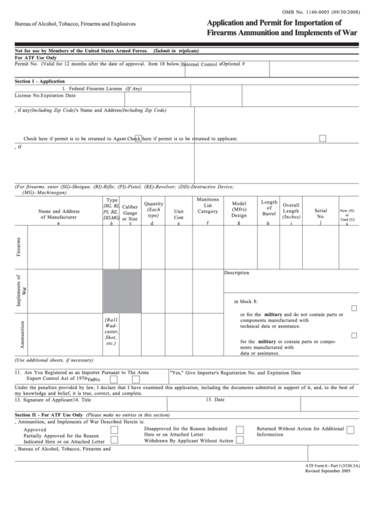 Fillable Atf Form 6 Part I (5330.3a) - Application And Permit For Importation Of Firearms Ammunition And Implements Of War - 2005 Printable pdf
