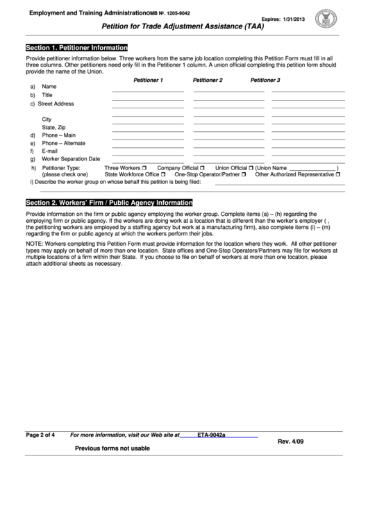 Form Eta-9042a - Petition For Trade Adjustment Assistance (Taa) - 2009 Printable pdf