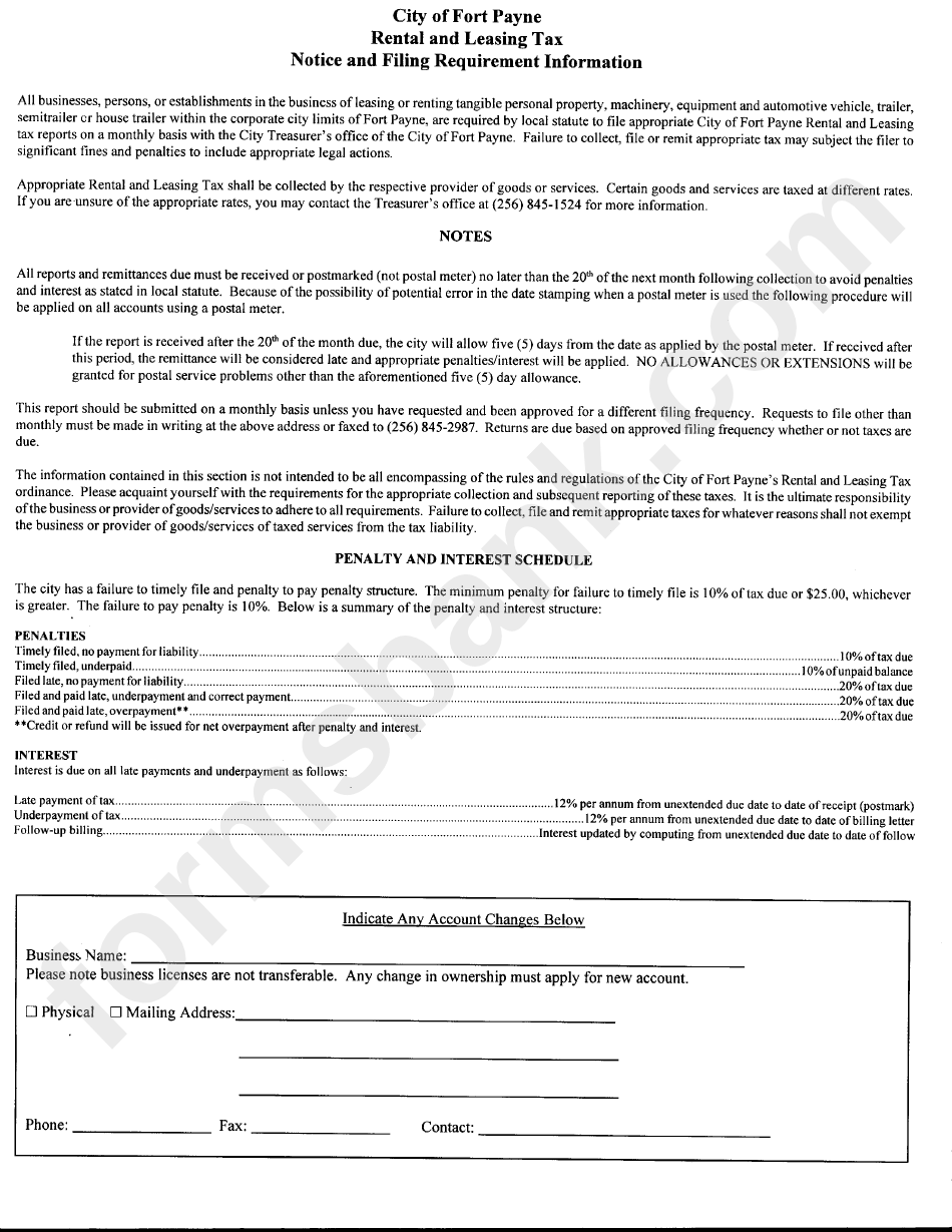 Rental And Leasing Tax Notice And Filing Requirement Information - City Of Fort Payne