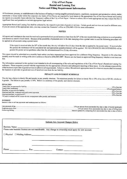 Rental And Leasing Tax Notice And Filing Requirement Information - City Of Fort Payne Printable pdf