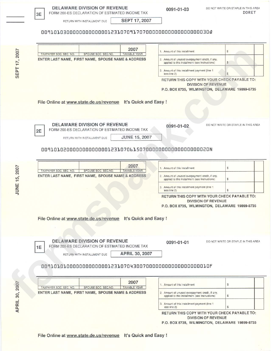 Form 200-Es - Declaration Of Estimated Income Tax - 2007