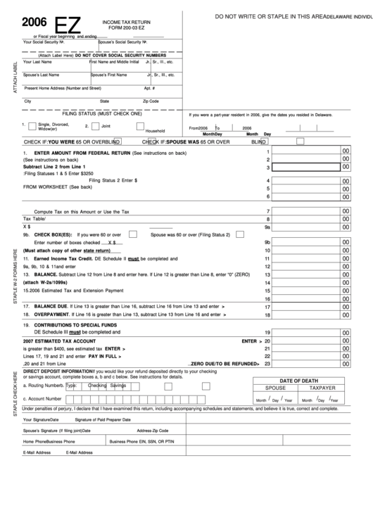 Fillable Form 200-03 Ez - Delaware Individual Resident Income Tax Return - 2006 Printable pdf
